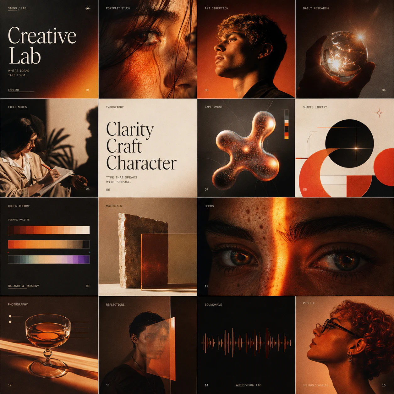 Creative inspiration board with portraits, color studies, materials, typography, and visual experiments